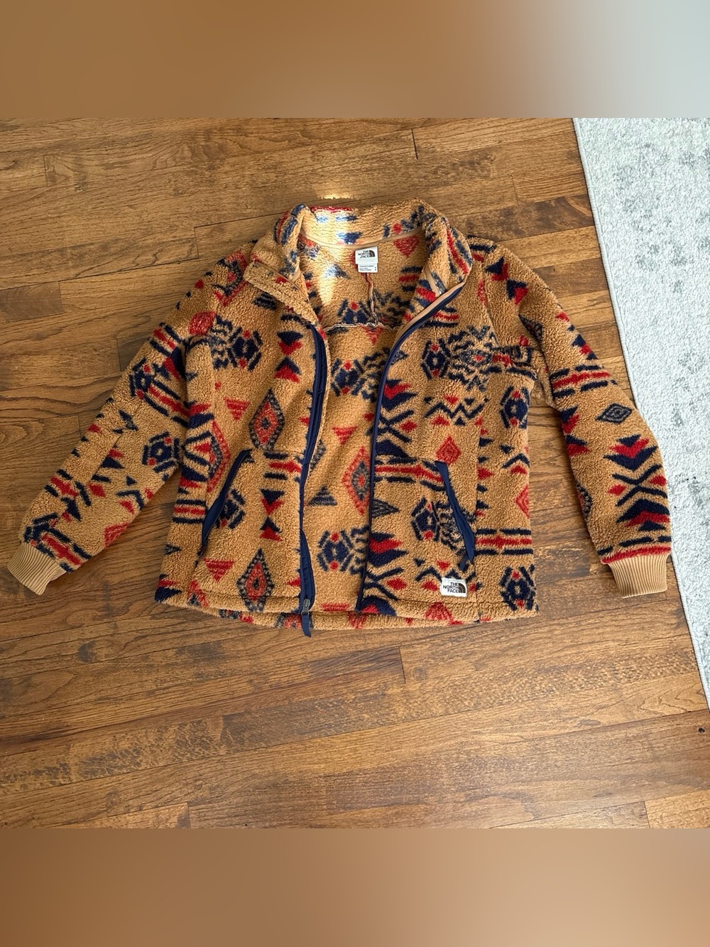 The North Face Tan Sherpa Fleece Jacket with Blue & Red Aztec Print